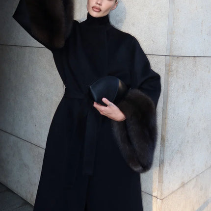 Lady Long Wool Blend Coat Stand Collar Faux Fur Cuffs Belted Waist Loose Oversized Maxi Wrap Outerwear Elegant Winter Overcoat