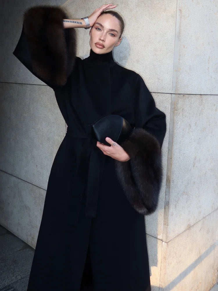 Lady Long Wool Blend Coat Stand Collar Faux Fur Cuffs Belted Waist Loose Oversized Maxi Wrap Outerwear Elegant Winter Overcoat