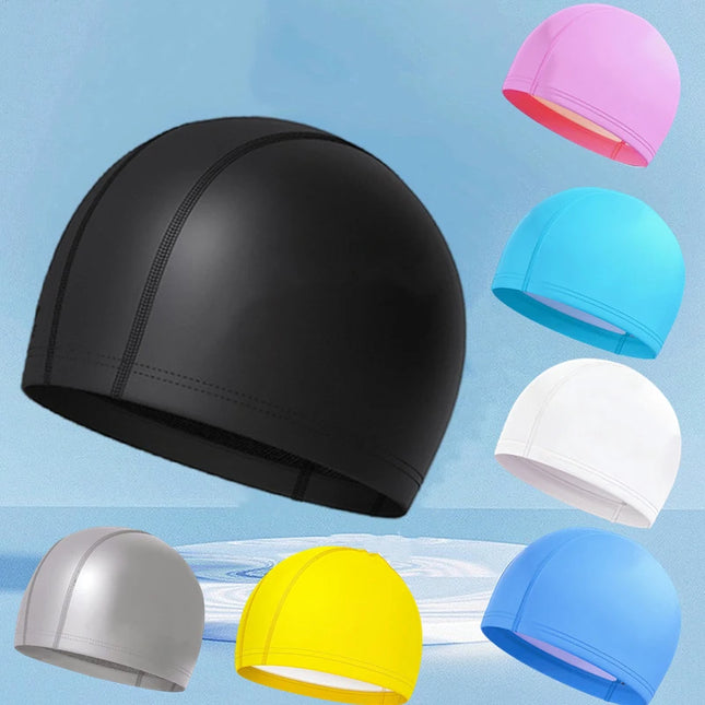 Waterproof PU Swimming Cap for Kids Adults High Elasticity Unconstructed Diving Cap Long Hair Ear Protection Unisex Swim Cap