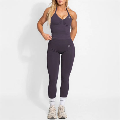 Women's Yoga Set Bum Balance Fitted Halter Tops & Shaping Pants 2pcs Yoga Sportwear Workout Gym Clothing High Waist Leggings Set