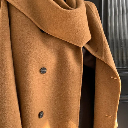 Luxury Hand-sewn Double-sided Cashmere Wool Coat Women New Mid-length Scarf Collar Loose Lace-up Warm Wool Coat Fashion Winter