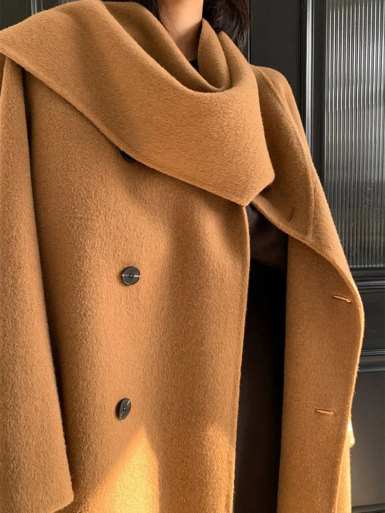 Luxury Hand-sewn Double-sided Cashmere Wool Coat Women New Mid-length Scarf Collar Loose Lace-up Warm Wool Coat Fashion Winter