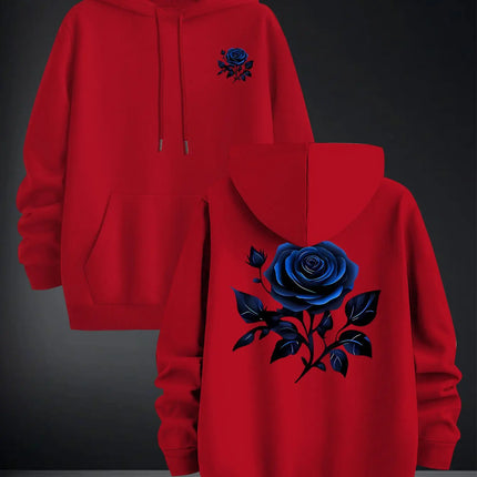 2026 Blue Rose Double Sided Print Hoodie Unisex Long Sleeve Pullover Casual Floral Streetwear Autumn Winter Hooded Sweatshirt