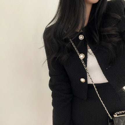 Women Tweed 2 Two Piece Sets Long Sleeve Pearl Buttons Short Jacket and A-line Mini Skirt Set Fall Winter Women Outfits