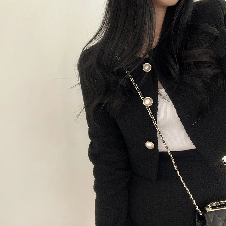 Women Tweed 2 Two Piece Sets Long Sleeve Pearl Buttons Short Jacket and A-line Mini Skirt Set Fall Winter Women Outfits