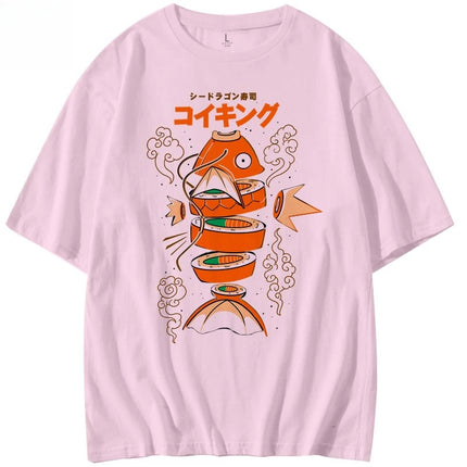 Stile giapponese Pokemon King Carp Magikarp Sushi Sashimi T-shirt in puro cotone a maniche corte T-shirt estiva da uomo e da donna allentata