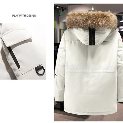 Winter Men's Warm Mountain SKi Parkas Fashion Men Fur Collar Mid-Long Down Padded Coats Men Windbreaker Thermal Hooded Jackets