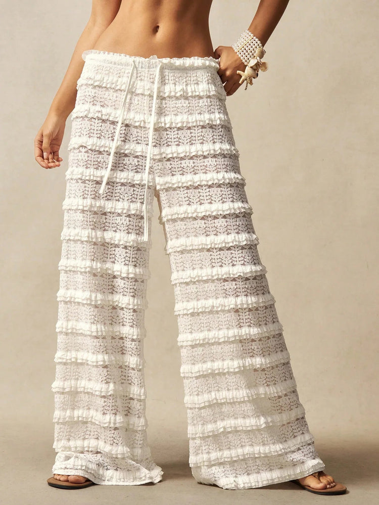 Pantaloni Estivi 2026 Casual Larghi a Gamba Larga in Maglia Tinta Unita da Donna per Vacanze e Spiaggia Stile Semplice Trasparenti platinumshop