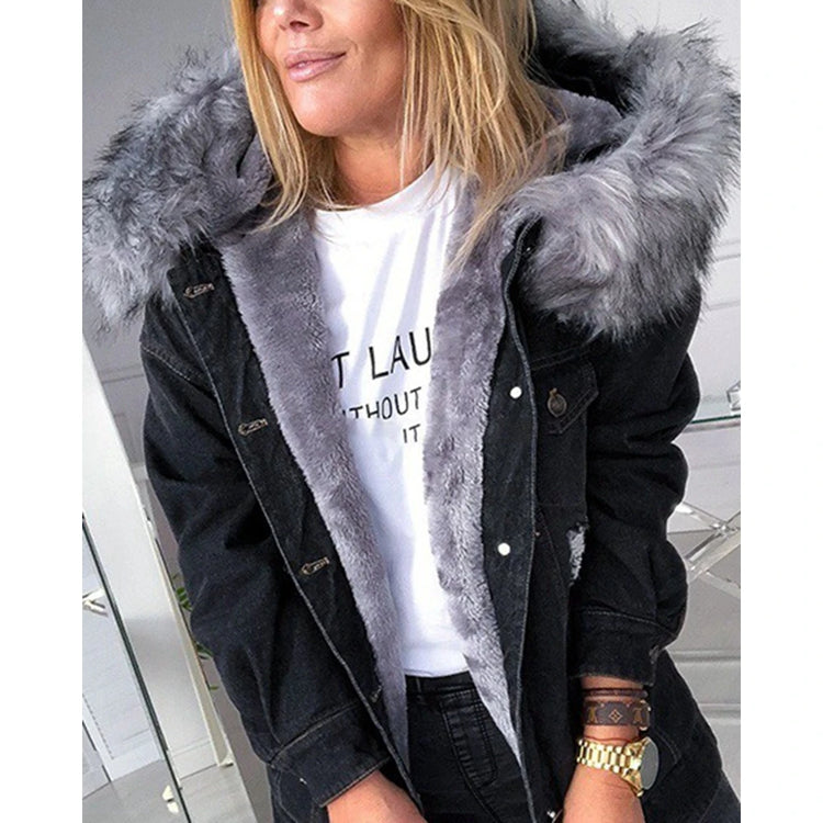 Autumn Women Vintage Hooded Denim Jackets Wth a Large Fluffy Collar Frayed Design Buttoned Overcoat