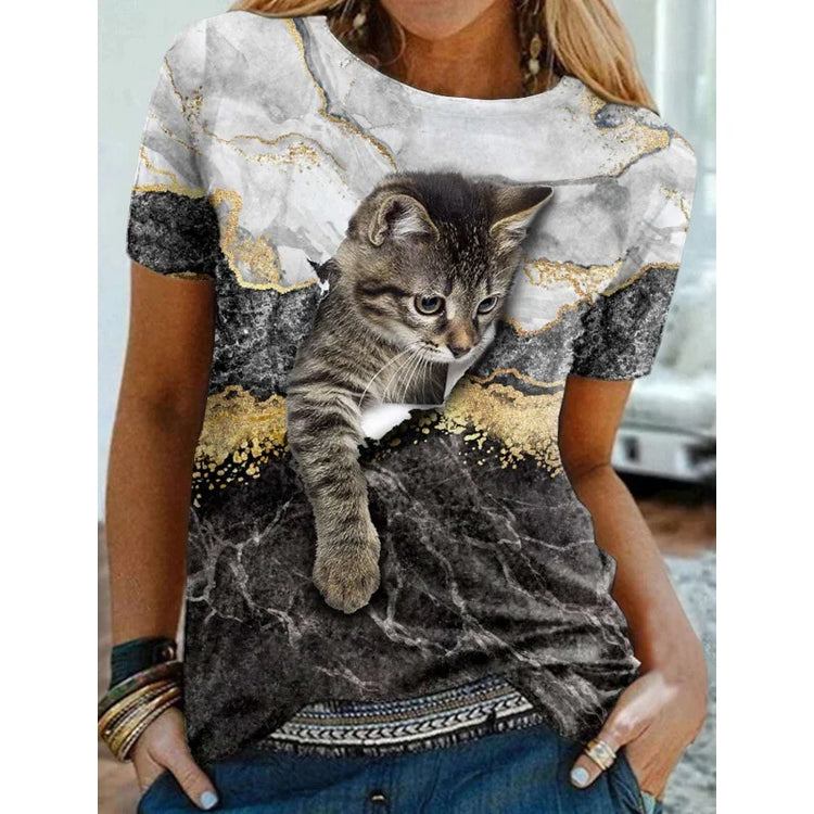 Maglietta modello gatto carino per donna Pet Animal 3D stampato maniche corte Tees estate Casual T-Shirt larghe Streetwear o-collo top
