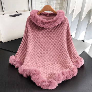 European and American Fall/Winter New Arrival Knitted Pattern Women's Wraparound Faux Fur Collar Pullover Loose Oversized Cape