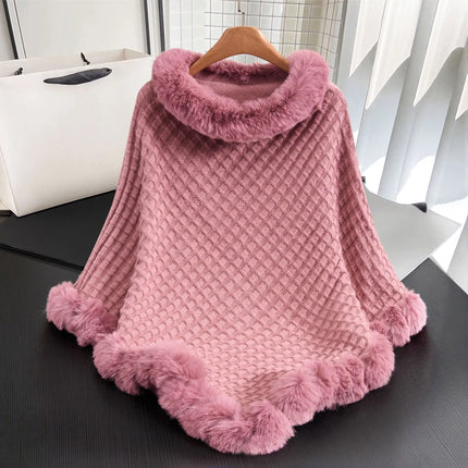 European and American Fall/Winter New Arrival Knitted Pattern Women's Wraparound Faux Fur Collar Pullover Loose Oversized Cape