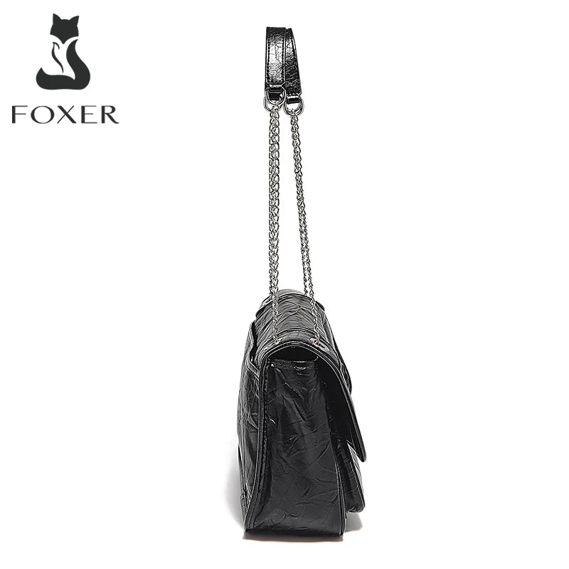 FOXER Women Genuine Leather + PU Shoulder Handbag Classic Fashion Black Tote Chain Bag