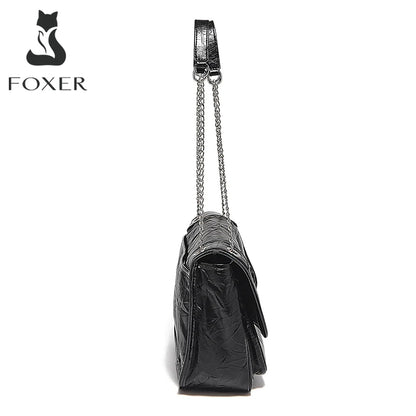 FOXER Women Genuine Leather + PU Shoulder Handbag Classic Fashion Black Tote Chain Bag