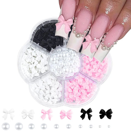 1box 3D Flower Bow Nail Art Decorations Kit Pink/White Acrylic Floral/Peal Beads Nail Charm with Wax Pen/Tweezer 4/6mm Nail Part Nail