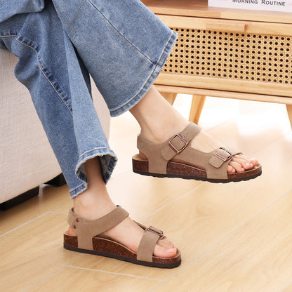 Eyriphy New Women Open Toe Leopard Slides With Adjustable Buckle Classic Flat Sandals Casual Cork Footbed Women's Slippers