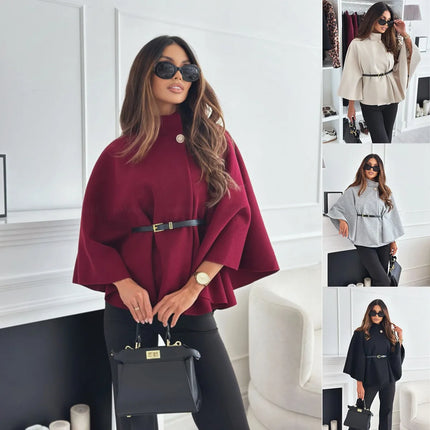 Women's Thick Turtleneck Batwing Sleeve Cape Coat with Single Button Elegant Three Quarter Length Top for Woman and Ponchos