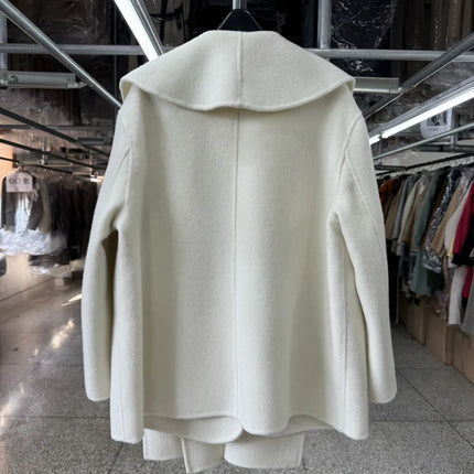 Scarf Collar 100%Wool Coat Women, Korean Fashion Elegant Outerwear, Loose Autumn Winter Jacket