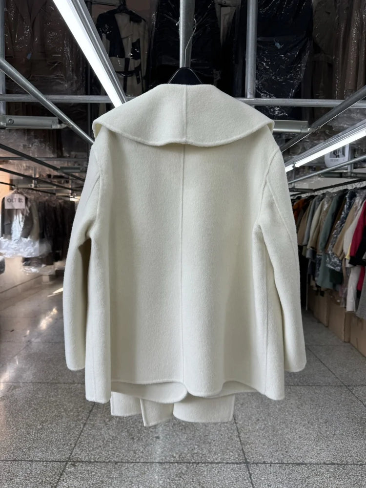 Scarf Collar 100%Wool Coat Women, Korean Fashion Elegant Outerwear, Loose Autumn Winter Jacket
