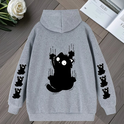 Women Oversized Hoodie Cute Scratch Black Cat Dual Sleeve Print Pullover Sweatshirt Autumn Winter Harajuku Casual Street Tops
