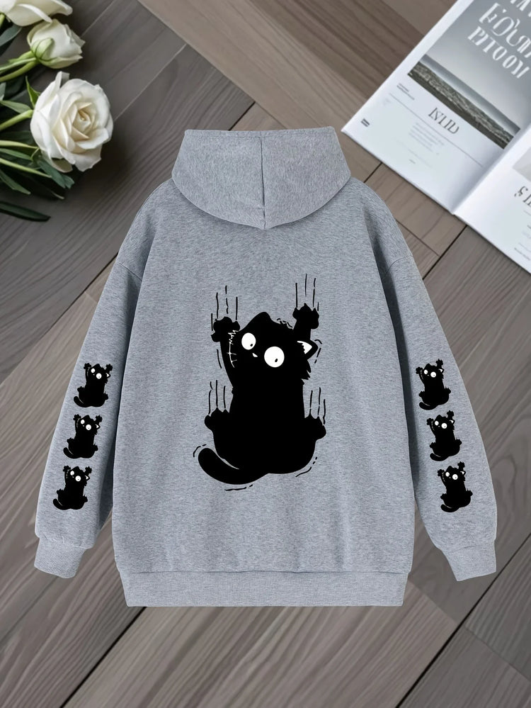 Women Oversized Hoodie Cute Scratch Black Cat Dual Sleeve Print Pullover Sweatshirt Autumn Winter Harajuku Casual Street Tops