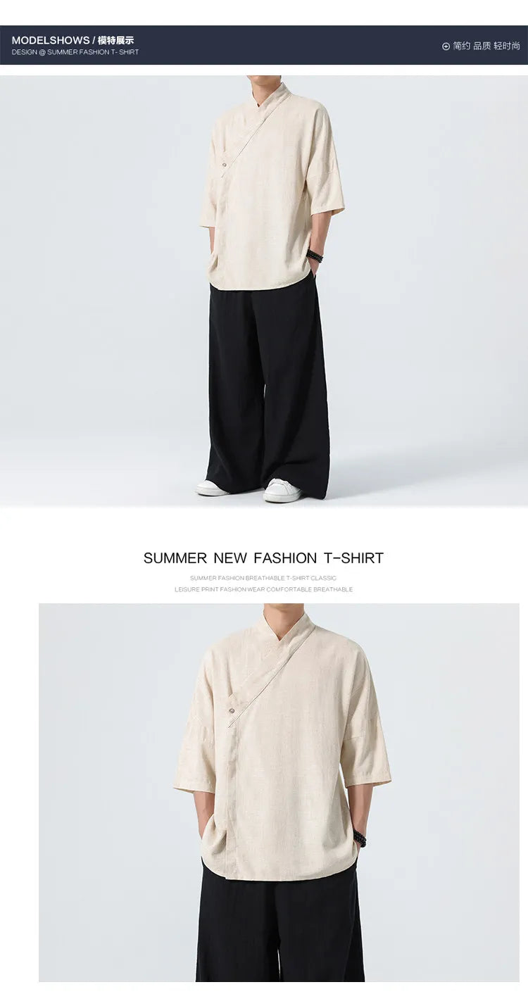 Camicie Estive 2026 da Uomo, Stile Cinese Retrò Tradizionale in Lino Traspirante, Abbigliamento Maschile per Kung Fu e Tai Chi, Bluse Casual Stile Tang