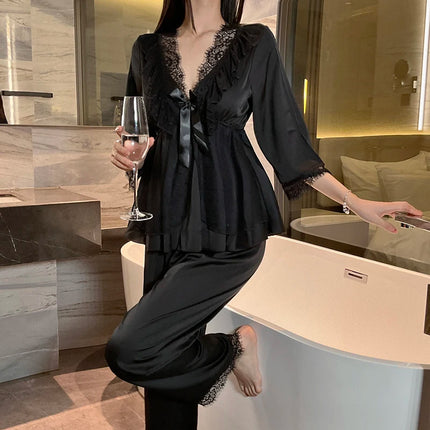 Set di indumenti da notte per la casa in raso di pizzo e pizzo da donna, pantaloni con top in pizzo dolce a V profondo, due pezzi di vestiti per la casa di grandi dimensioni bianco nero viola