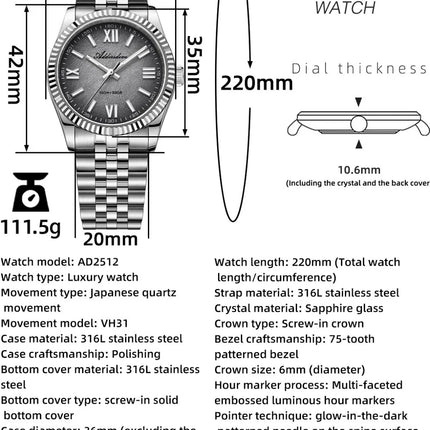 ADDIESDIVE New 36mm Watch for Men AD2512 Luxury Sapphire VH31 Quartz Wristwatch 100m Waterproof Stainless Steel Luminous Watches