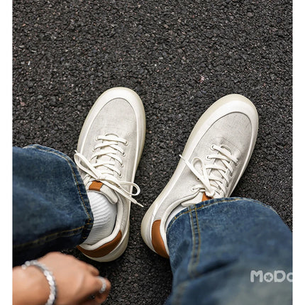 Men's Linen Canvas Platform Sneakers, Breathable Low‑Top Casual Skate Shoes, Retro Contrast Tan Trim Design, Soft Cushioned Thic