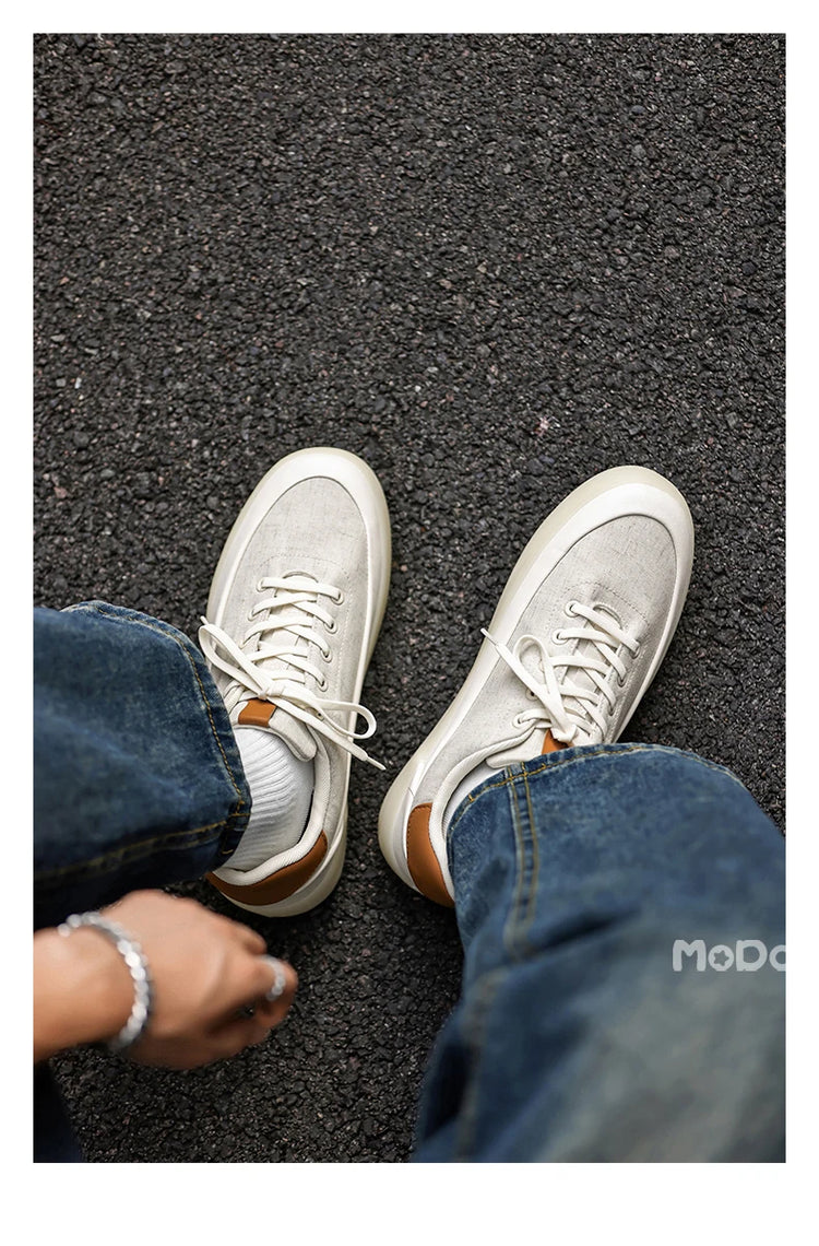 Men's Linen Canvas Platform Sneakers, Breathable Low‑Top Casual Skate Shoes, Retro Contrast Tan Trim Design, Soft Cushioned Thic