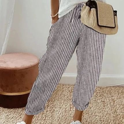 Pantaloni casual con coulisse in vita elastica stampata a righe larghe alla moda da donna europea e americana transfrontaliera estiva platinumshop