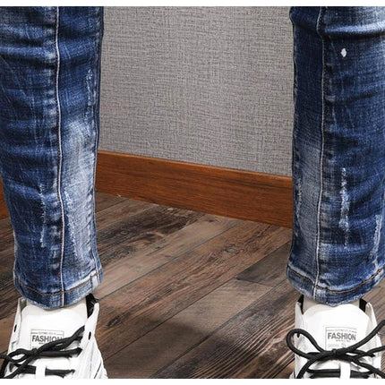 Fashion Streetwear Men Jeans Retro Black Blue Elastic Slim Fit Ripped Jeans Men Spliced Designer Embroidery Hip Hop Denim Pants PlatiNum