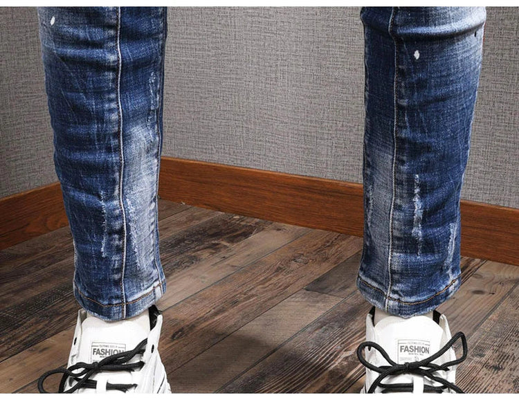 Fashion Streetwear Men Jeans Retro Black Blue Elastic Slim Fit Ripped Jeans Men Spliced Designer Embroidery Hip Hop Denim Pants PlatiNum