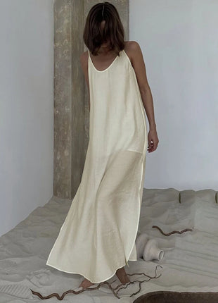 HiLoc Abito lungo bianco allentato casual Robe 2025 Nuovi abiti estivi con scollo a V per le donne Primavera senza maniche Vestaglie dritte Camicia da notte