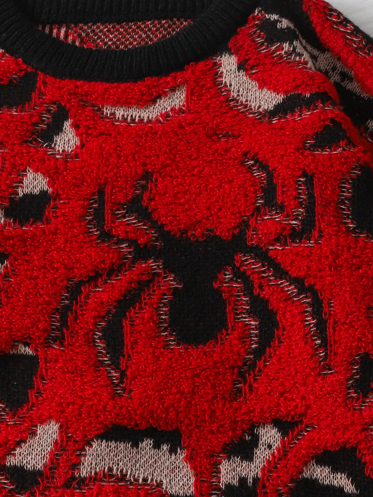 Autumn and Winter Velvet Spider Jacquard Double-Sided Pattern Pullover Sweater Casual Round-Neck Knit Men's Pullover Sweater Suitable for Daily Wear, Unisex Outerwear