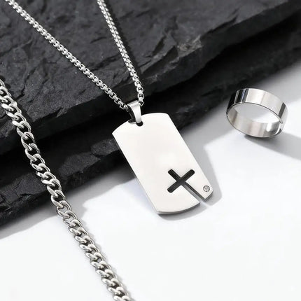 Set di 3 Pezzi: Collana Dogtag per Uomini e Ragazzi, Bracciale con Catena Cubana in Acciaio Inossidabile, Set di Anelli Impermeabili Regalo platinumshop