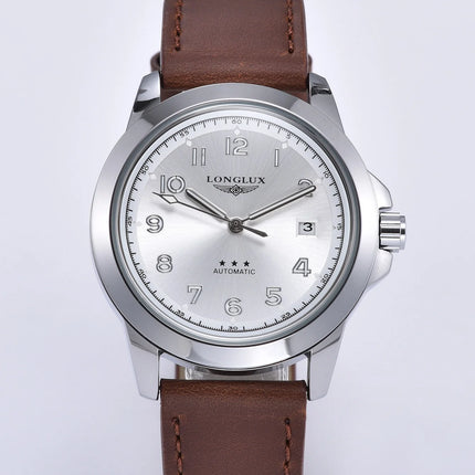 LONGLUX Men Automatic Watch Vintage Pilot Business Classic Military Mechanical Watches Date Waterproof Luminous Leather Gift