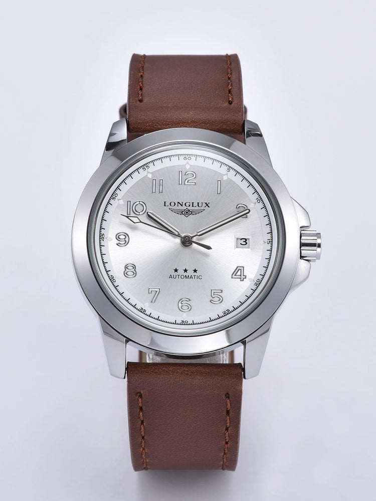 LONGLUX Men Automatic Watch Vintage Pilot Business Classic Military Mechanical Watches Date Waterproof Luminous Leather Gift