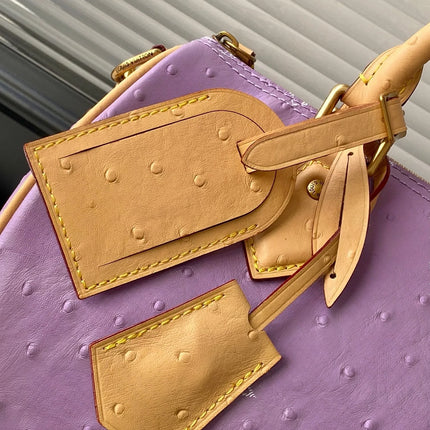 Mini Borsa Boston in Pelle Goffrata Effetto Struzzo Color Lavanda, Borsa di Lusso Multiuso