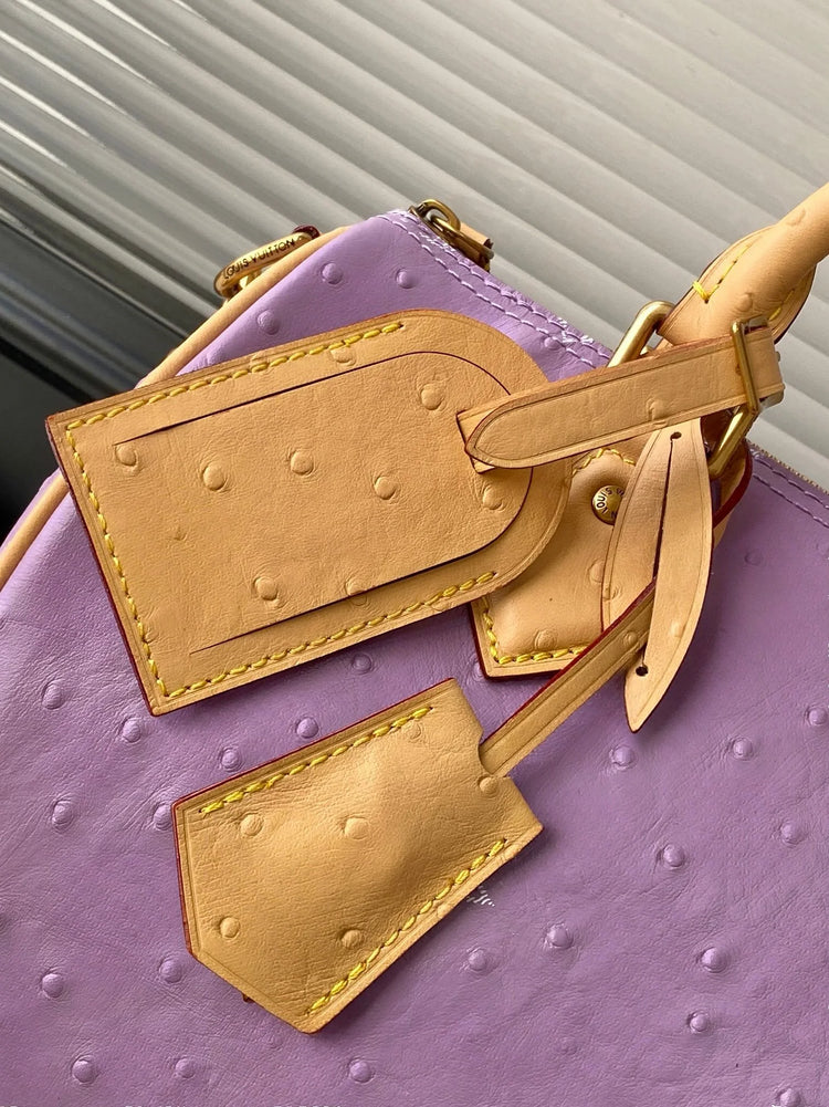 Mini Borsa Boston in Pelle Goffrata Effetto Struzzo Color Lavanda, Borsa di Lusso Multiuso