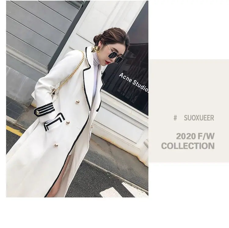 Women White Long Woolen Coat Autumn Winter British Hepburn Style Thicken Slim Double-Breasted Woolen Coat New Women Outwear