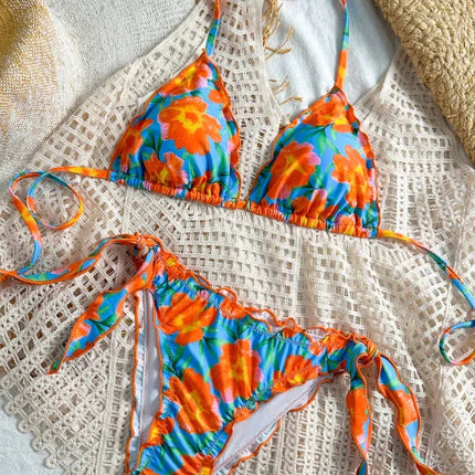 Nuovo Set Bikini Donna Estivo con Stampa Floreale Arancione, Halter con Volant, Push-Up e Perizoma con Laccetti Laterali PlatiNum