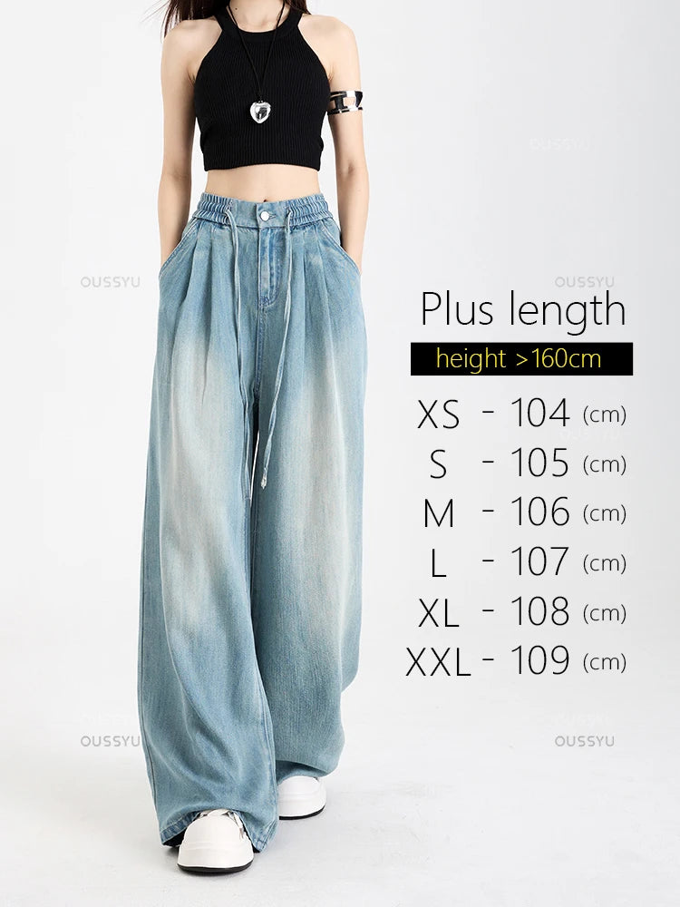 Estate di Lusso Morbido Accogliente 100% Tessuto Lyocell Donna Jeans Allentati Gamba Larga Elastico in Vita Pantaloni Moda Casual Più Lunghezza