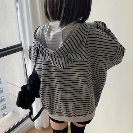 Cartoon Embroidery Women Hoodies Japanese Sweet Cute Cat Ears Striped Hooded Sweatshirts Harajuku Streetwear Loose Casual Coats
