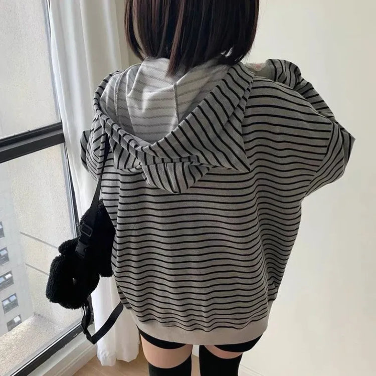 Cartoon Embroidery Women Hoodies Japanese Sweet Cute Cat Ears Striped Hooded Sweatshirts Harajuku Streetwear Loose Casual Coats