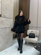 Women Wool Blend Coat Big Faux Fur Collar And Cuffs Belted Waist Wrap Loose Winter Jacket Thick Warm Elegant Lady Outerwears