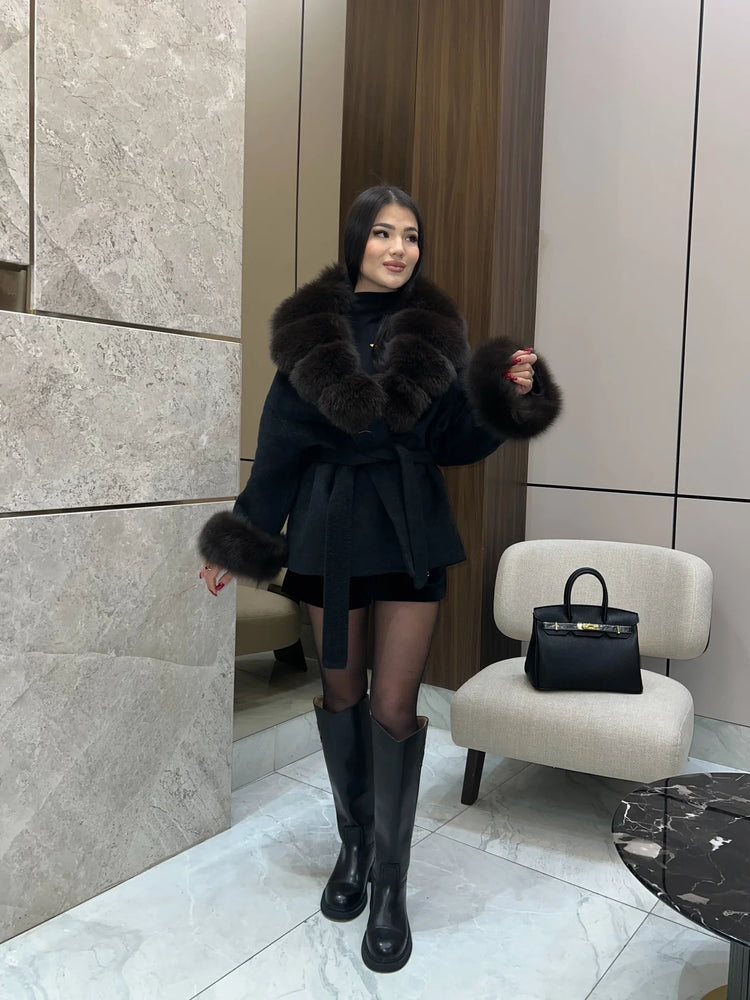 Women Wool Blend Coat Big Faux Fur Collar And Cuffs Belted Waist Wrap Loose Winter Jacket Thick Warm Elegant Lady Outerwears