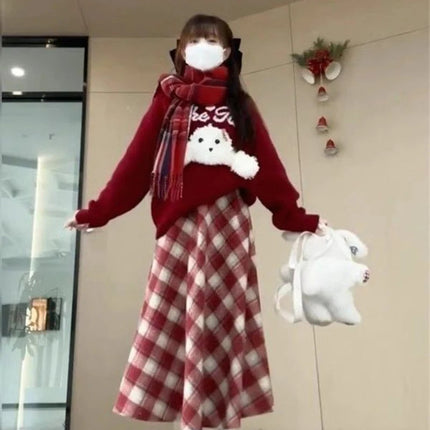 Red Plaid Midi Skirt Women Fall Winter Vintage High Waist Sweet Woolen Cloth Skirts Retro Loose Preppy Aesthetic Female Skirt PlatiNum