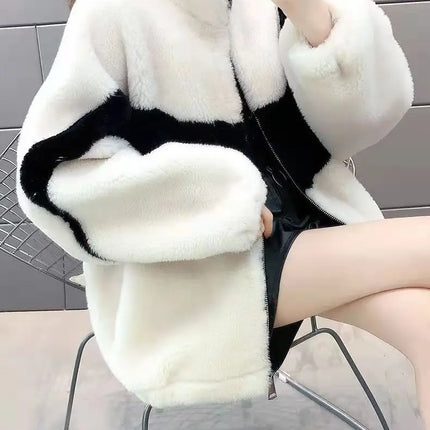 Warm Stand collar Faux fur Winter Jacket Female 2024 New Korean Loose Thick Lamb wool Coat Short Stitching Womens Parkas Outwear