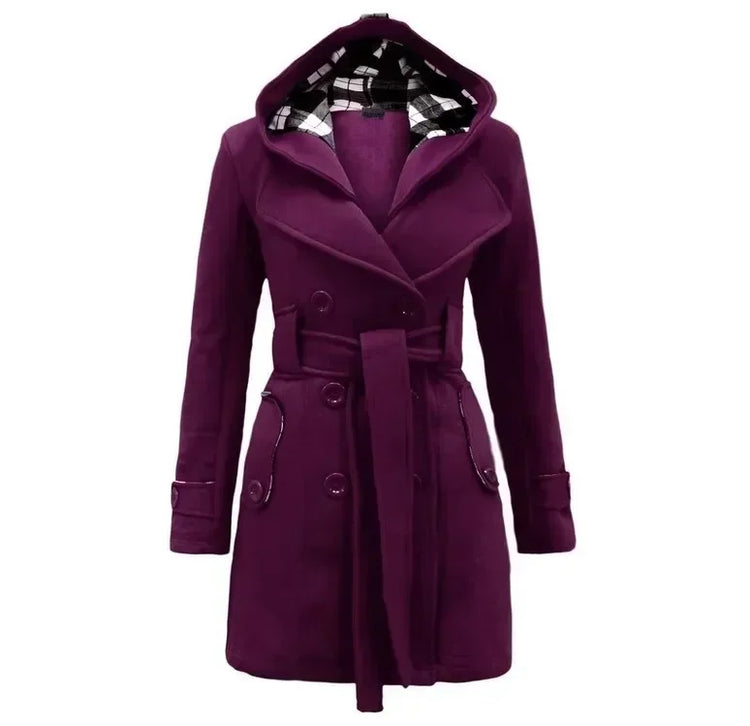 2026 Autumn Women's Hooded Overcoat Trend Double-Breasted Design Belt Side Pockets Plaid Splice Woolen Coats Winter Jacket Femme